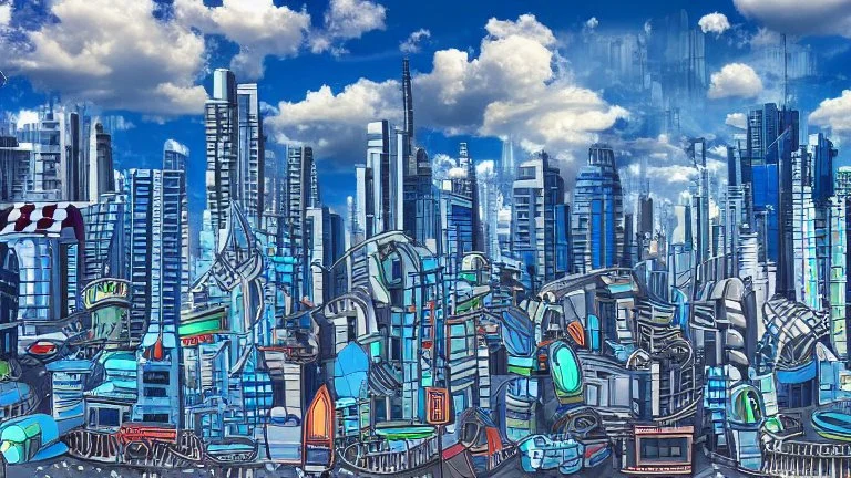 detailed alien cityscape, buildings with balconies, tracks, roads, paths, river, blue sky, white clouds