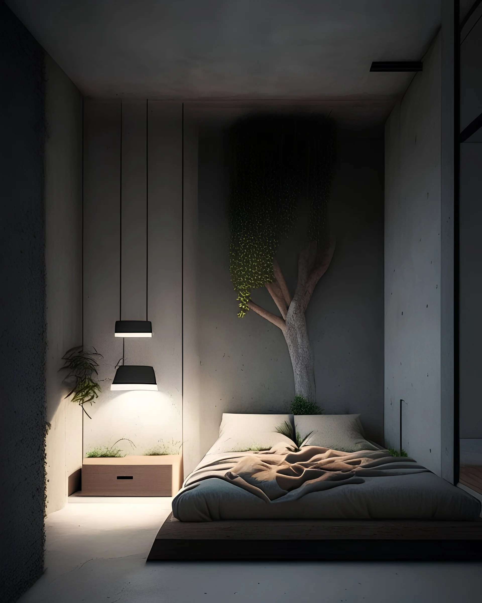 Habitación que sea de estilo minimalista, con materiales de concreto aparente y muebles de madera un poco de vegetación e iluminación led tenue
