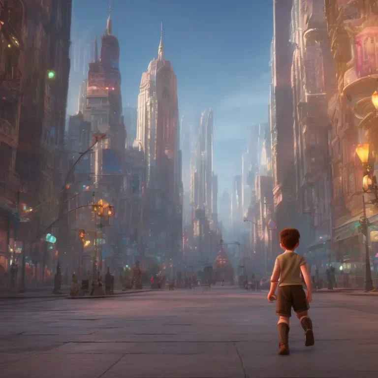 A young boy walking streets of megacities, sci-fi fantasy