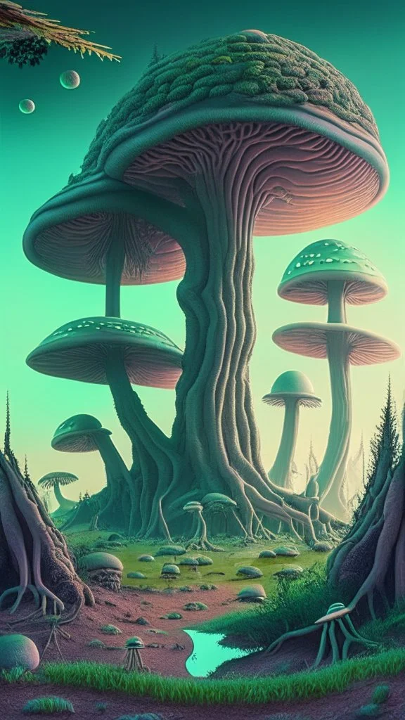 alien landscape with trees and mushrooms