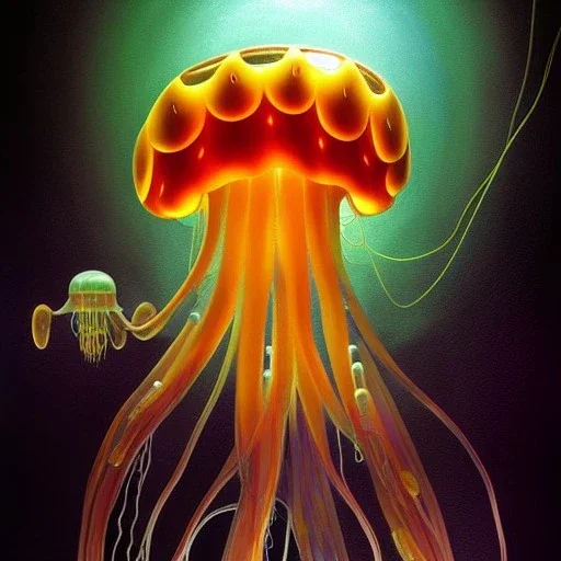 biomorphic jellyfish morphed with electronic wiring and mixed with lighting, Nanopunk and Biopunk with cyberpunk look,golden hour,MTG,digital painting, wonderful ambient colors, art by Jarosław Jaśnikowski mixed with Sheila Martin mixed with Fletch mixed with Frank Sun mixed with Giger.