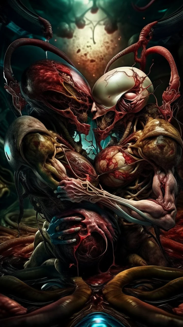 cinematic gore Bosch versus Dali style photorealistic fleshy vortex dmt lsd photo of 2 conjoined mangled insectoid cybernetic bodies making love, 1 soul vortex, complementary, anatomically fragmented, ripped apart again being flayed, skinned alive. A beating heart, muscles, blood vessels, bowels, entrails are exposed. Visceral anatomy. physiology. Bosch and Dali inspired hallucinations. mythology. grotesque.