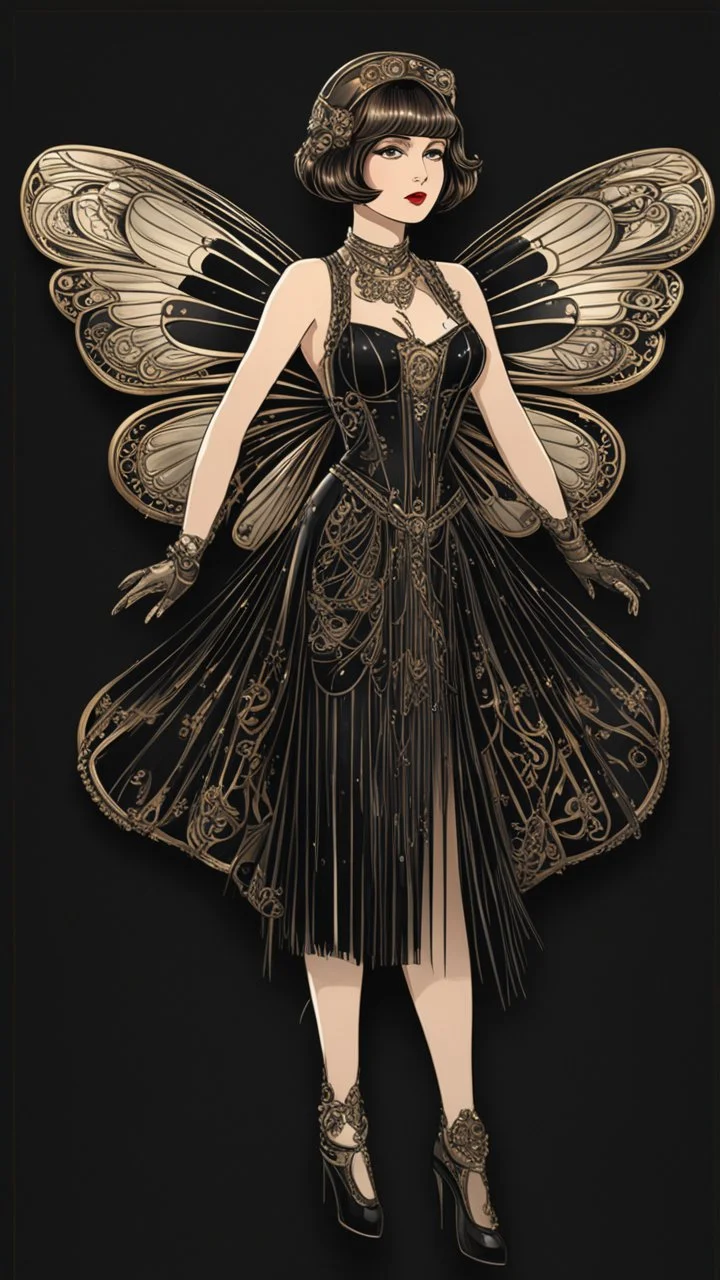 Full Body, Art Nouveau Woman With A Bob With A Fringe Hairstyle, 1920s Clothing, Steampunk Metal Moth wings, Black Background