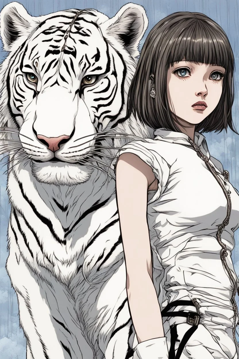 junji Ito ~ shintaro kago ~ apollonia saintclaire ~ saturno butto ~ anime woman posing. standing next to giant fierce white tiger. anime style alluring. cute, amazingly girly. Cute. anime girl. unrealistic feminine anatomy, very feminine pose. Gorgeous features . Hyper detailed. High definition. Anime style. HDR. 8k. This contrast between the fantastical character and the more bold color scheme and elements gives the piece an intriguing narrative quality. painted realism, photorealistic, fantasy