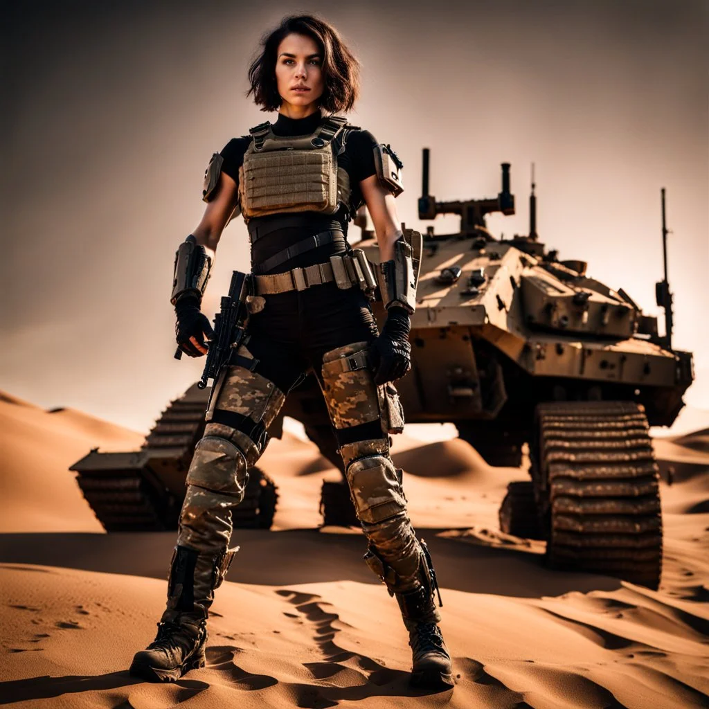 beautiful sexy caucasian female soldier, black metal body and limbs, visible cybernetic limbs, scratched sand camo, no armor, short brunette wavy bob haircut, dystopian, desert scene