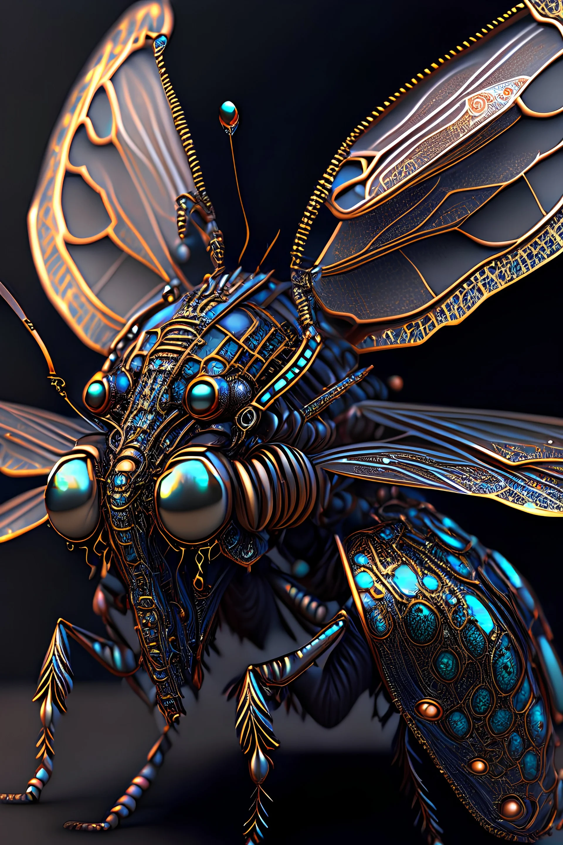 Expressively detailed and intricate 3d rendering of a hyperrealistic “insect”: shinning metal, front view, symetric, 4K, cosmic fractals, dystopian, dendritic, stylized fantasy art by Kris Kuksi, artstation: award-winning: professional portrait: atmospheric: commanding: fantastical: clarity: 16k: ultra quality: striking: brilliance: stunning colors: masterfully crafted.