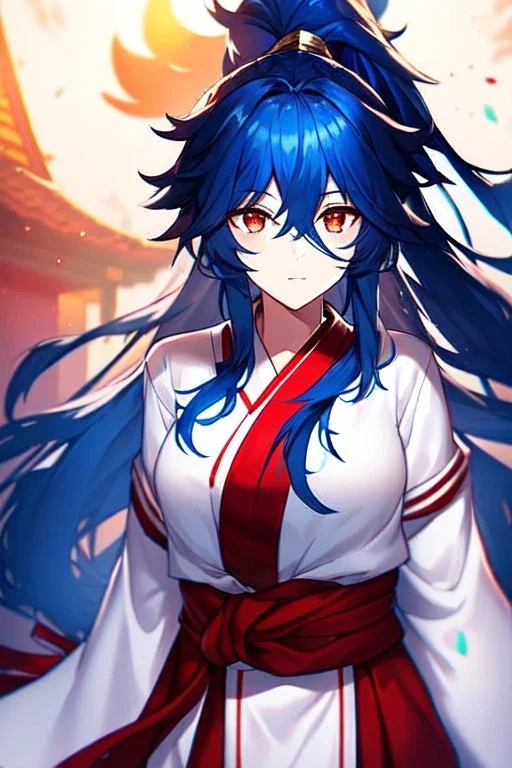 girl, masterpiece, best quality, cinematic lighting, detailed outfit, vibrant colors, perfect eyes, blue hair, long hair, red eyes, ponytail, messy hair, hair in between the eyes, miko,