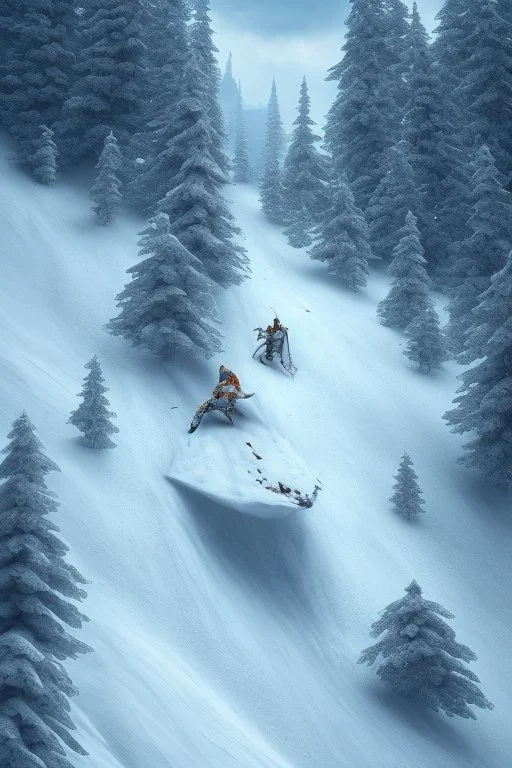 Man on skees trying to escape the avalanche coming down a the slope. Intense action with a sense of stress. High resolution 3d, 8k, trending on artstation. The snow in the background is overwhelming and the air is thick like smoke.