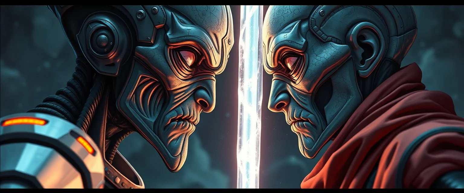 Close-up confrontation between an ancient alien outcast leader synth and a space broker, standing only a meter apart, intense eye contact, glowing crystalline rod between them, anger mixed with sadness, dramatic facial expressions, shallow depth of field, cinematic lighting, stylized 3D anime, airbrush painting, crisp outlines, escher , rembrandt and hr giger, black border, characters drawn outside border