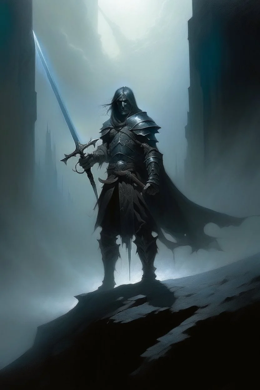 1970's dark fantasy cover dnd style oil painting of a sword hero with black outfit in the fog with minimalist far perspective.