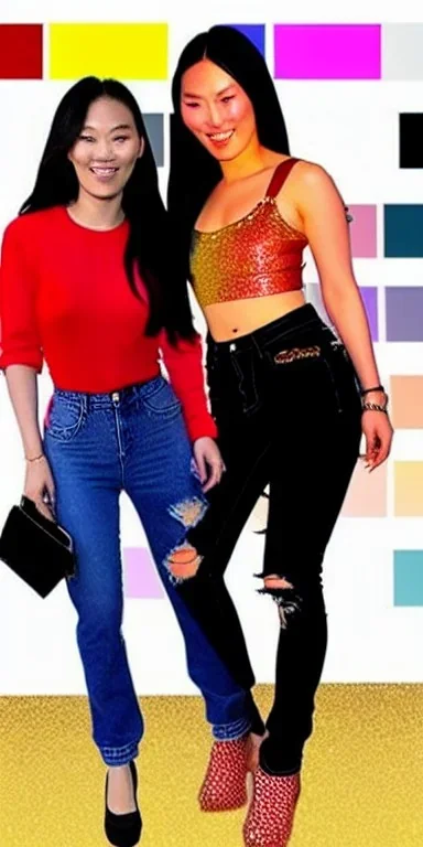 baggy jeans. Fashion colors 2023. Scarlett Johanssen and Asa Akira, shimmer. Blocks of fashion colors in the background of the image. Cool fashion outfit for the year 2023