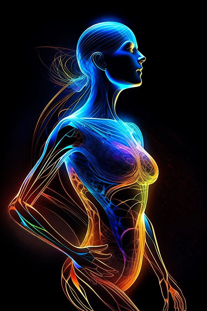 Ultra detailed illustration of the silhouette of a woman from Bali, phantasmagorical figure, (((translucent skin:1.5))), (((translucent body:1.5))), art by Mschiffer, neon lights, light particles, colorful, cmyk colors, backlit,