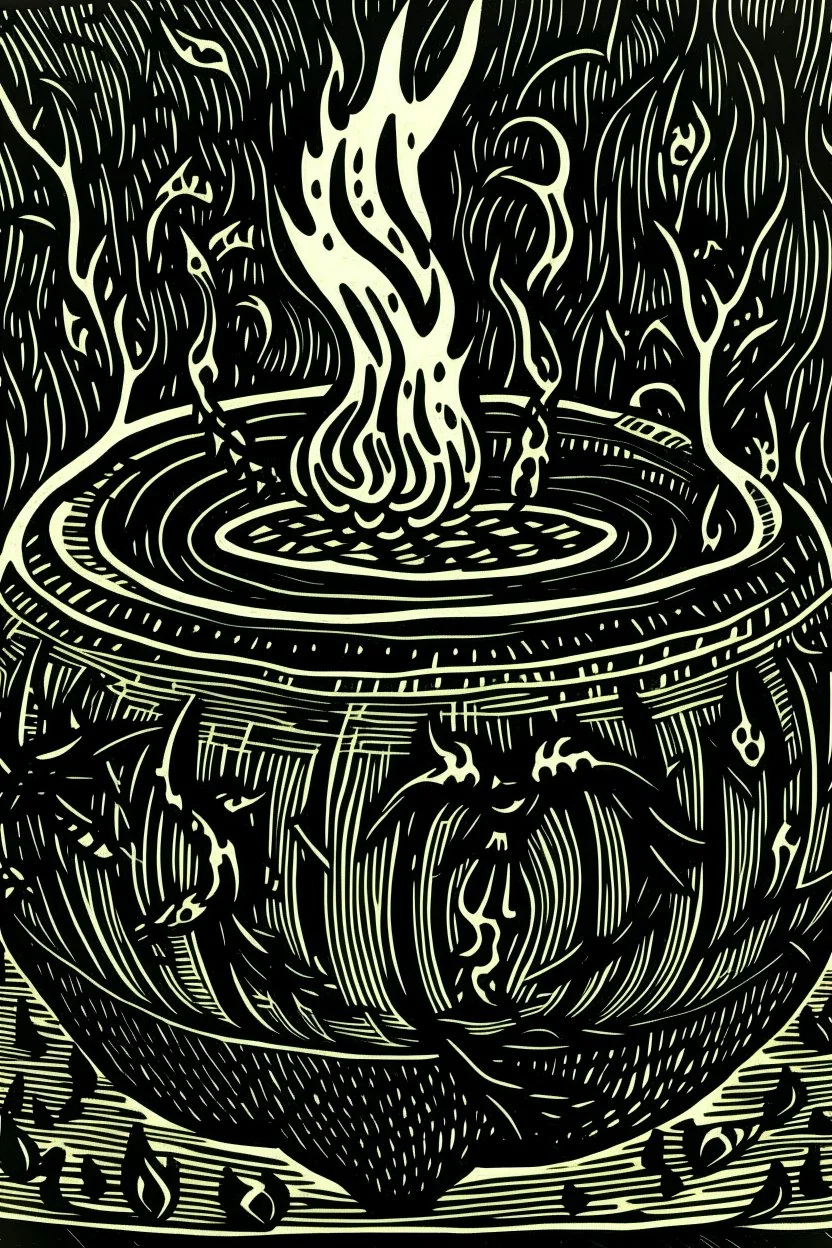 Linocut witch's cauldron