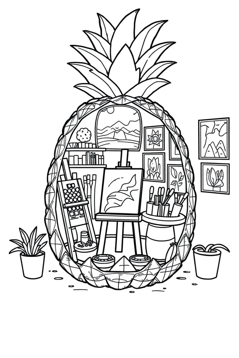 Pineapple Cozy Art Studio Coloring Page: A pineapple cross-section displaying an art studio. Features an easel, paint palettes, brushes, and artworks hung on the walls.