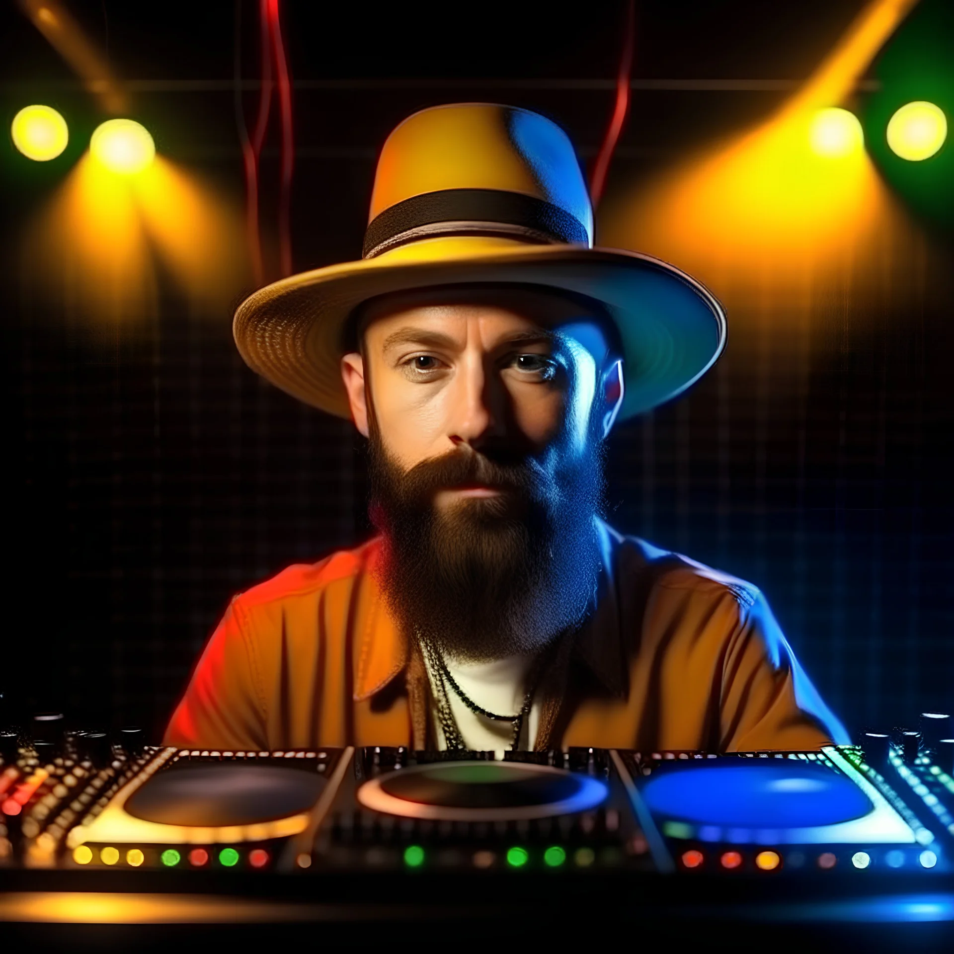 A short brown beard DJ with a hat on his head, sing at microphone, many electronic consoles at club, laser show, FRONT VIEW