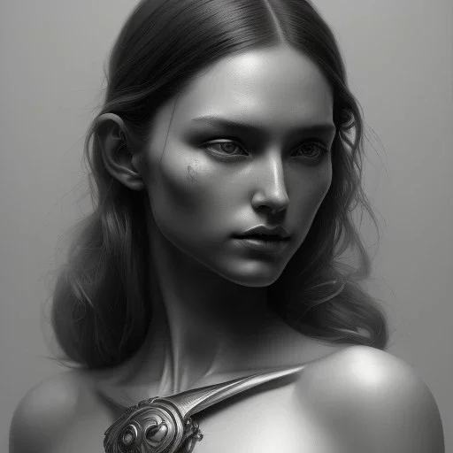 A black and white portrait of a women, long hair, upper body, head and shoulders portrait, 8k resolution concept art portrait by Greg Rutkowski, Artgerm, WLOP, Alphonse Mucha dynamic lighting hyperdetailed intricately detailed Splash art trending on Artstation triadic colors Unreal Engine 5 volumetric lighting