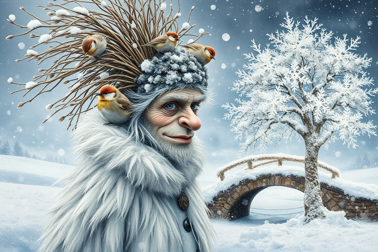 Double exposure: a kind snow troll, hair made of dry branches covered in snow, tits perched on the hair-branches, a sheepskin coat woven from dry leaves and twigs covered in snow, and a winter landscape depicting a fairytale rounded bridge, a tree made of snowflakes painted with frost, filigree kaleidoscopic patterns of frost. Highly detailed textures: a fairytale illustration, splashes of white and gold paint, rich texture, distant and deep space, dreamy watercolor and liquid filigree acrylic.