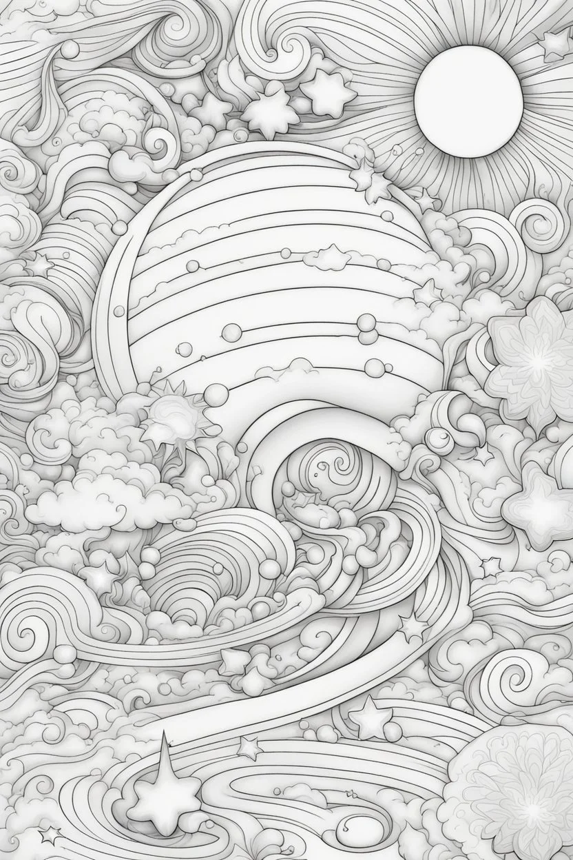 Stress Relief themed coloring page for adult, cartoon style, thick outline, No details, No shading, No colors, White Background, A cute celestial voyage through a galaxy of swirling stars and cosmic wonders.