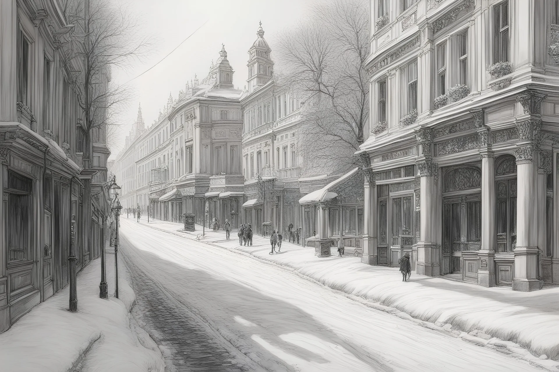 street in Vienna, snow, sunshine, very detailed black and white pencil drawing