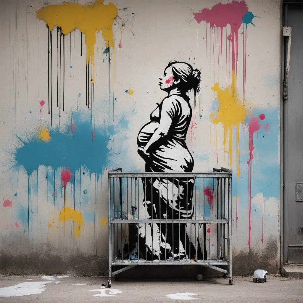 Banksy wall color graffiti depicting a pregnant mother standing wistfully besides a crib, Style by Ernest Zacharevic, maudlin, baby mobile, moody, spray paint splatter