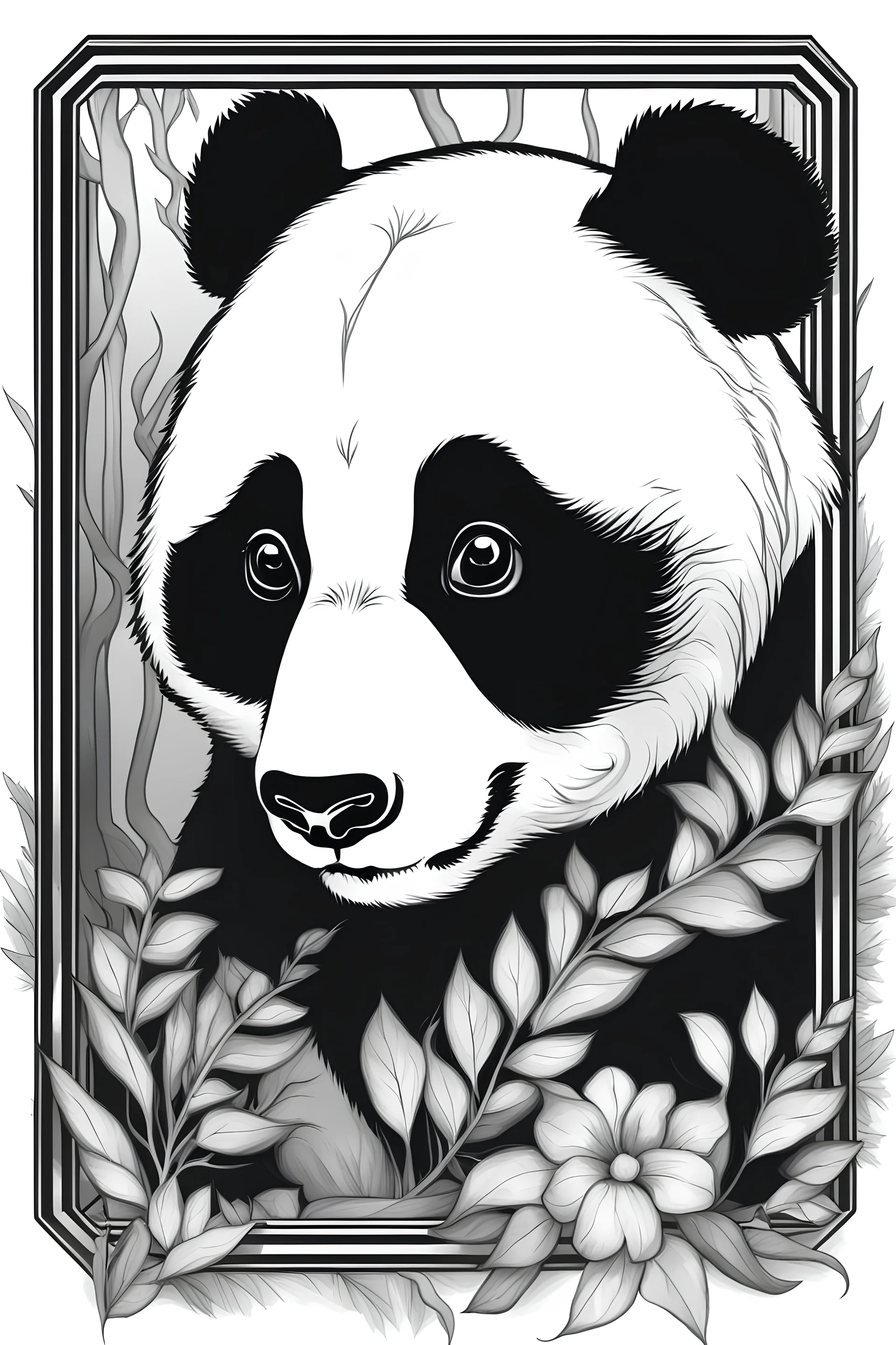 A panda with spooky, hollow eyes.no coloring, white and black,no shading, crisp lines, high detail,plain art, thick lines, simple, white background,kawaii creepy style art,b/w prompt.