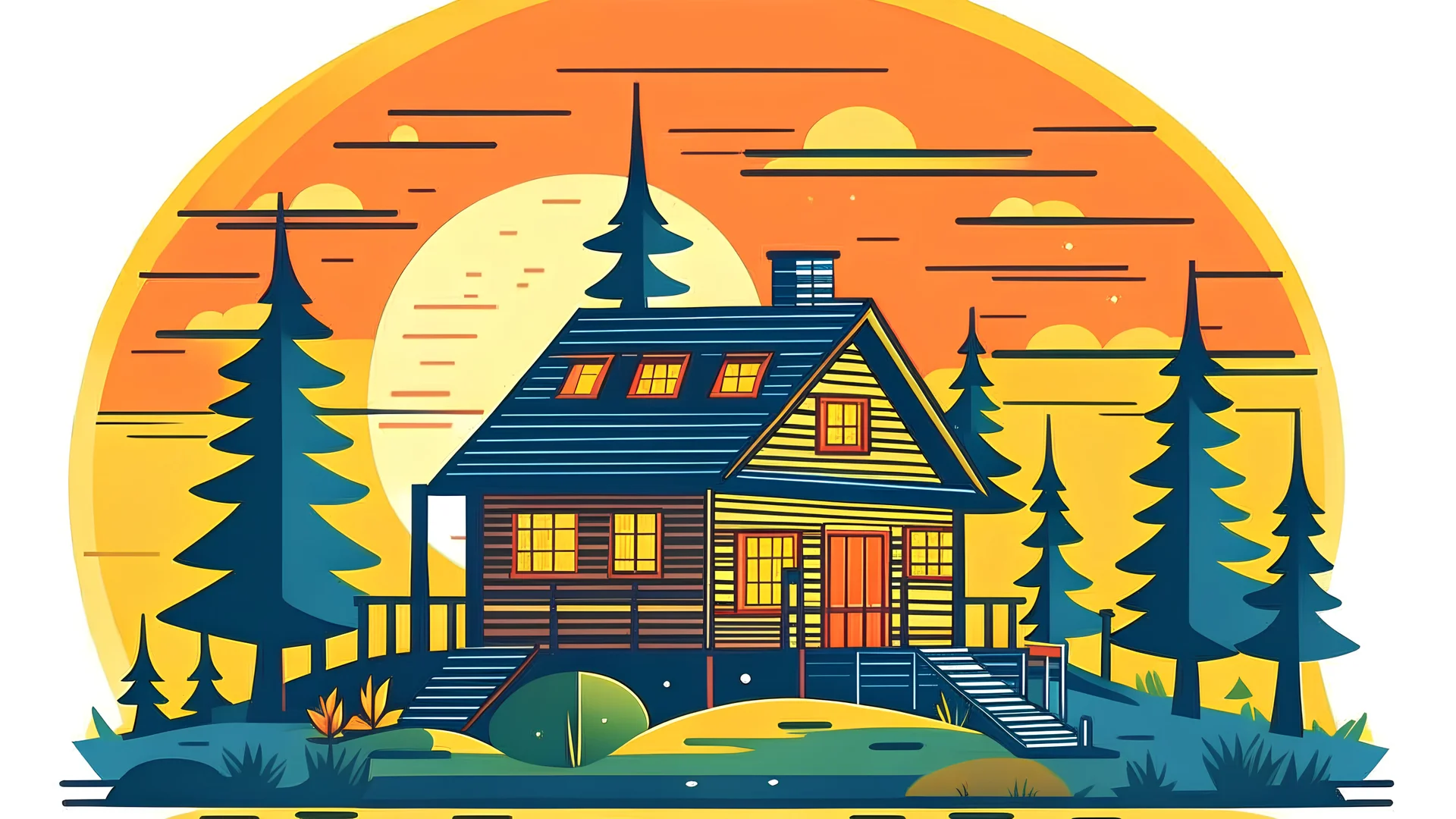 A vector graphic of a idyllic cabin in the woods