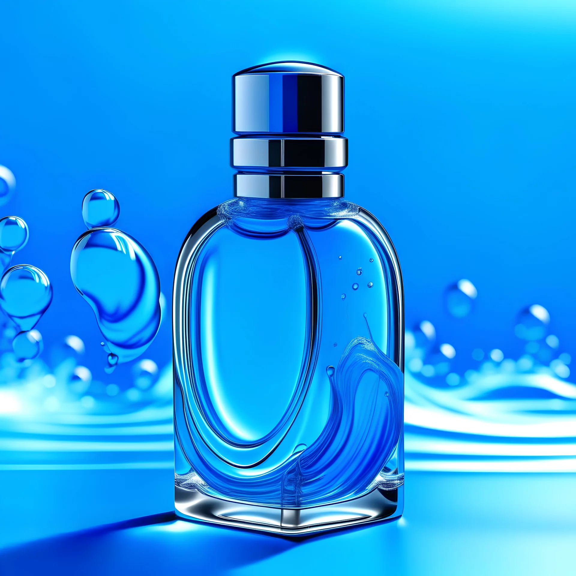 Generate me an aesthetic image of perfume bottle with plash of water in daylights in blue color