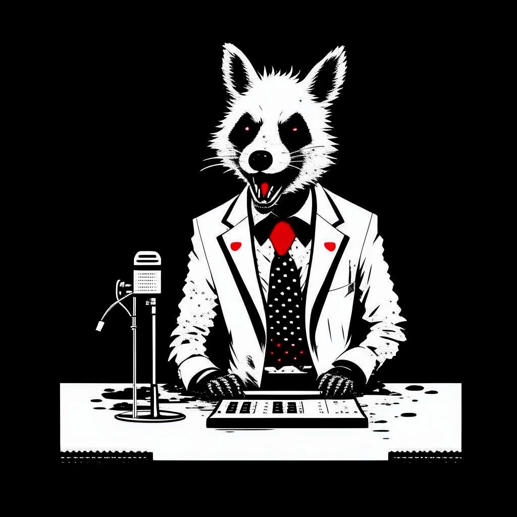 Hyena in a suit and tie, as an announcer sitting at the transmission table with a microphone presenting a newscast. Banksy cómic style. Ultra quality. White, red and Black colors