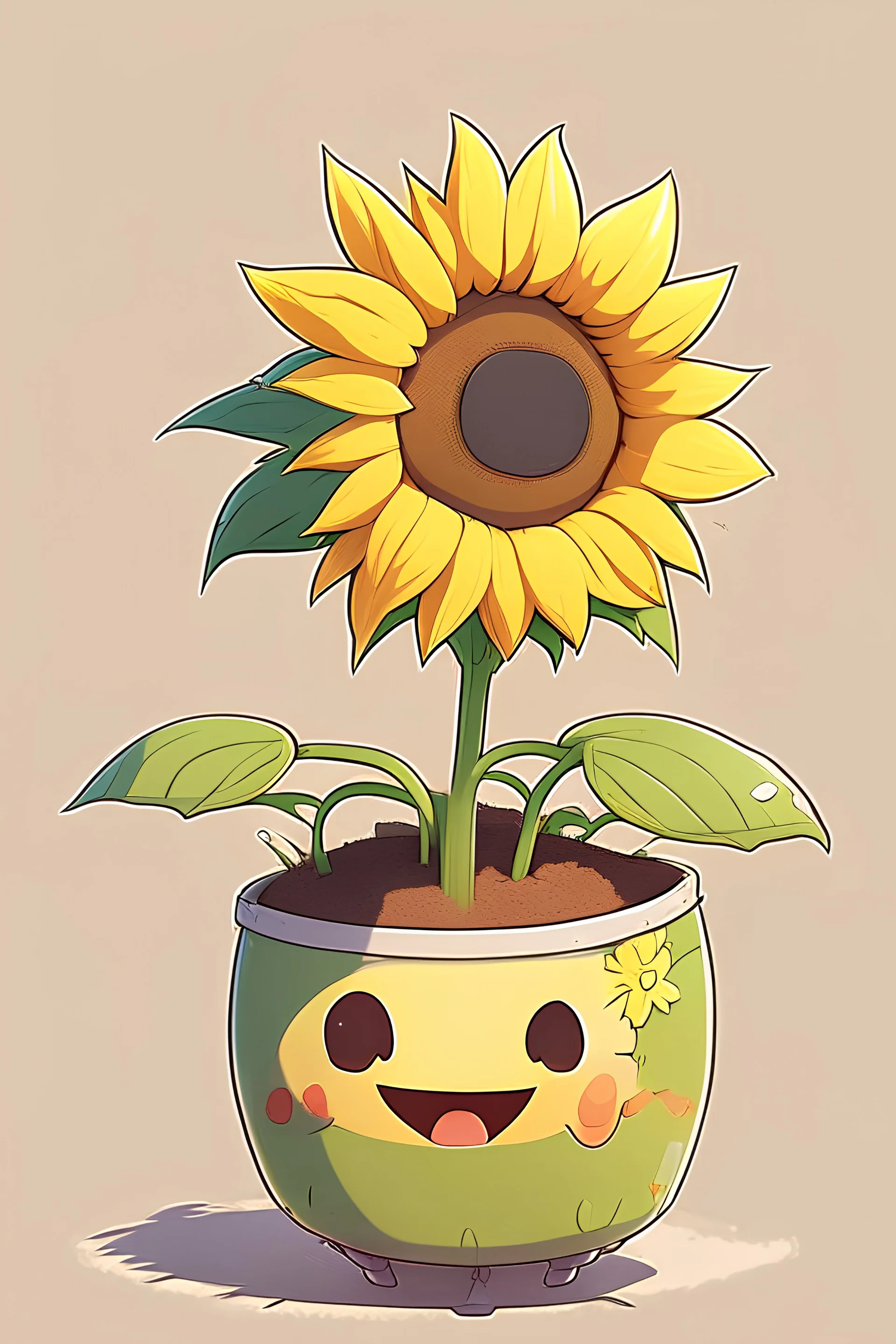 Cheery and cute sunflower in a pot avatar full body in Hayao Miyazaki illustration