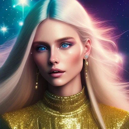 white woman glitter smiling long blond hair blue eyes in a galactic ambiance, delicate colors in the foreground, full of details, smooth, light effect，vaporwave colorful, smooth, extremely sharp detail, finely tuned detail, ultra high definition, 8 k, ultra sharp focus