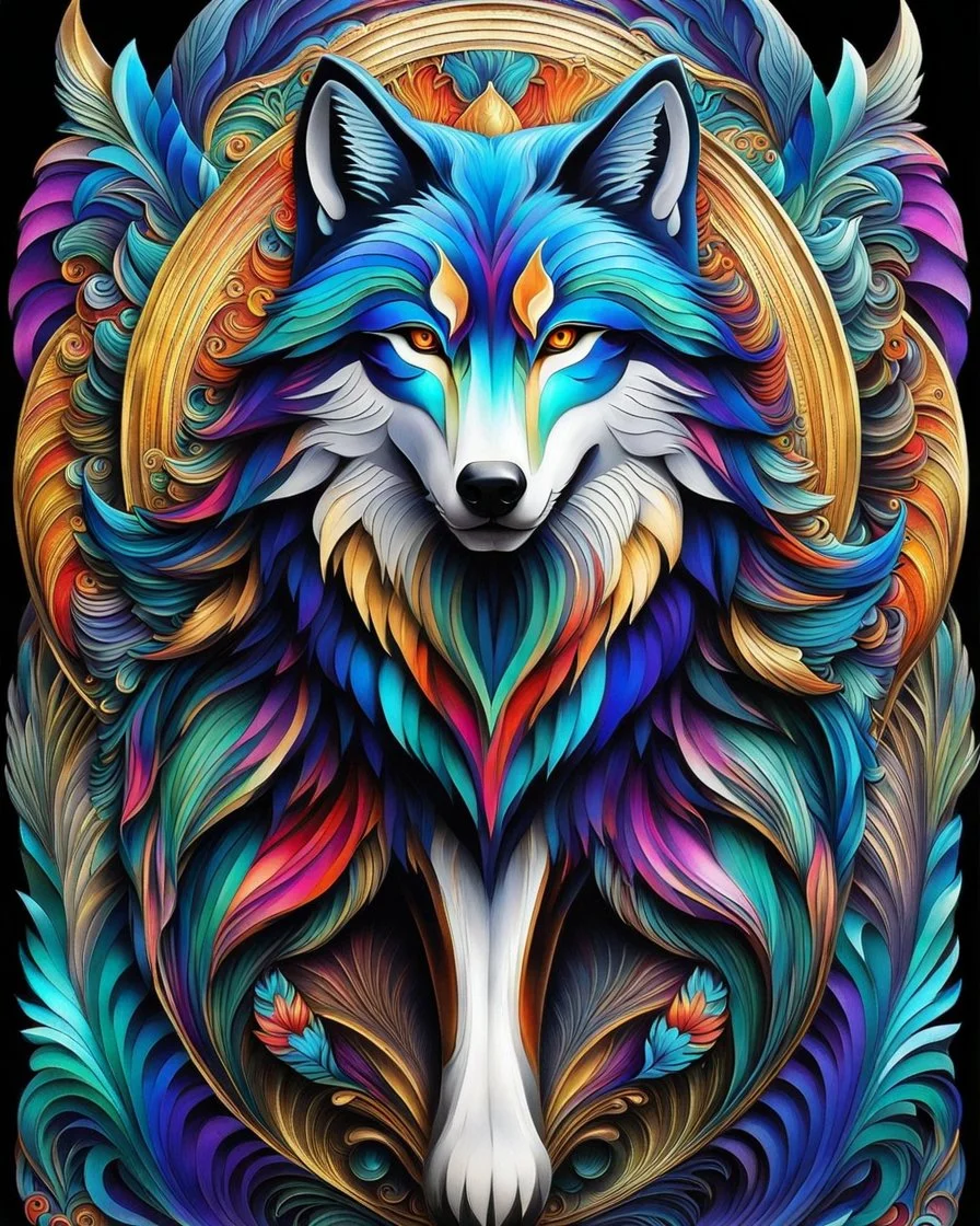 Beautiful wolf colorful art Deco, full body, amazing artwork, hyper detailed, ultra maximalist quality, 12k