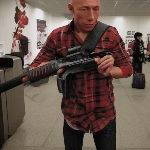 Georges st pierre with a red plaid shirt, a backpack and a gun in an environement infested by zombies