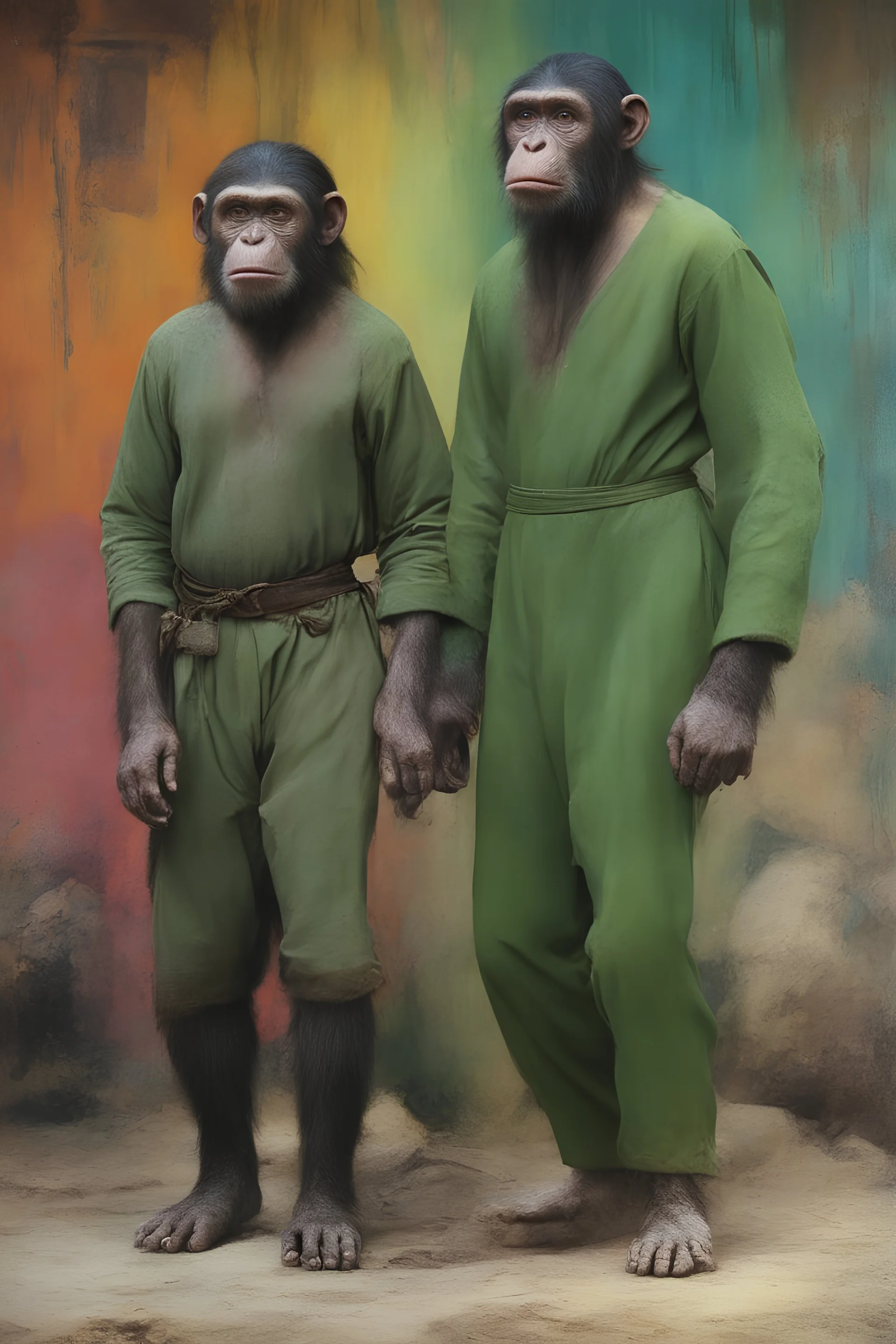 Roddy McDowall and Kim Hunter as Cornelius and Zira the husband-and-wife chimpanzees from Planet of the Apes wearing a thick green cotton tunics and trousers - extremely colorful, multicolored paint splattered wall in the background, oil painting by Leonardo da Vinci