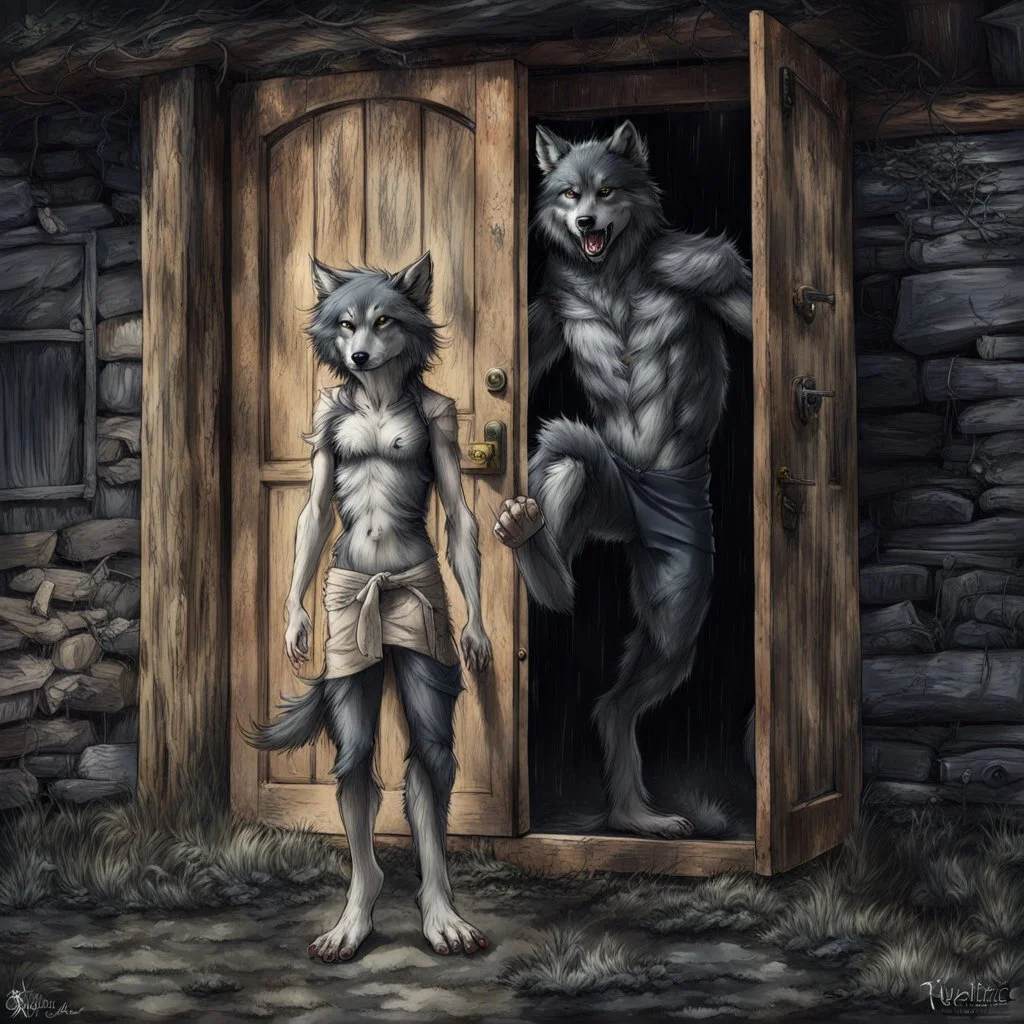 fantasy digital art of a young anthro wolf have gray hairy wolf body gray paws, and wears just a short canvas rag around her waist , she have sadly face in the rain kicked out of the house, falls towards the camera, behind her an tall angry anthro wolf man just in dark gray body hairy kicks she out the door with his foot, behind in rustic halb open door in an massive wooden house, rainy day, detailed, fantasy mood