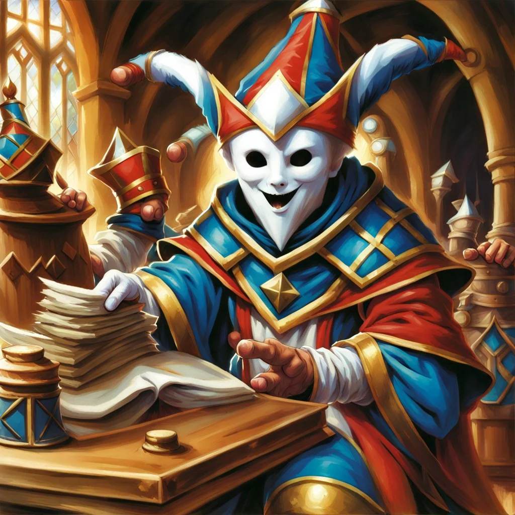 fantasy 90's tcg art jester with white mask happy heroic