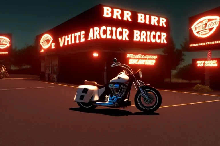 white american biker bar, motorcycles, roadside ,country, night lighting , realistic, unity engine, cinematic lighting, scriptable render pipeline.