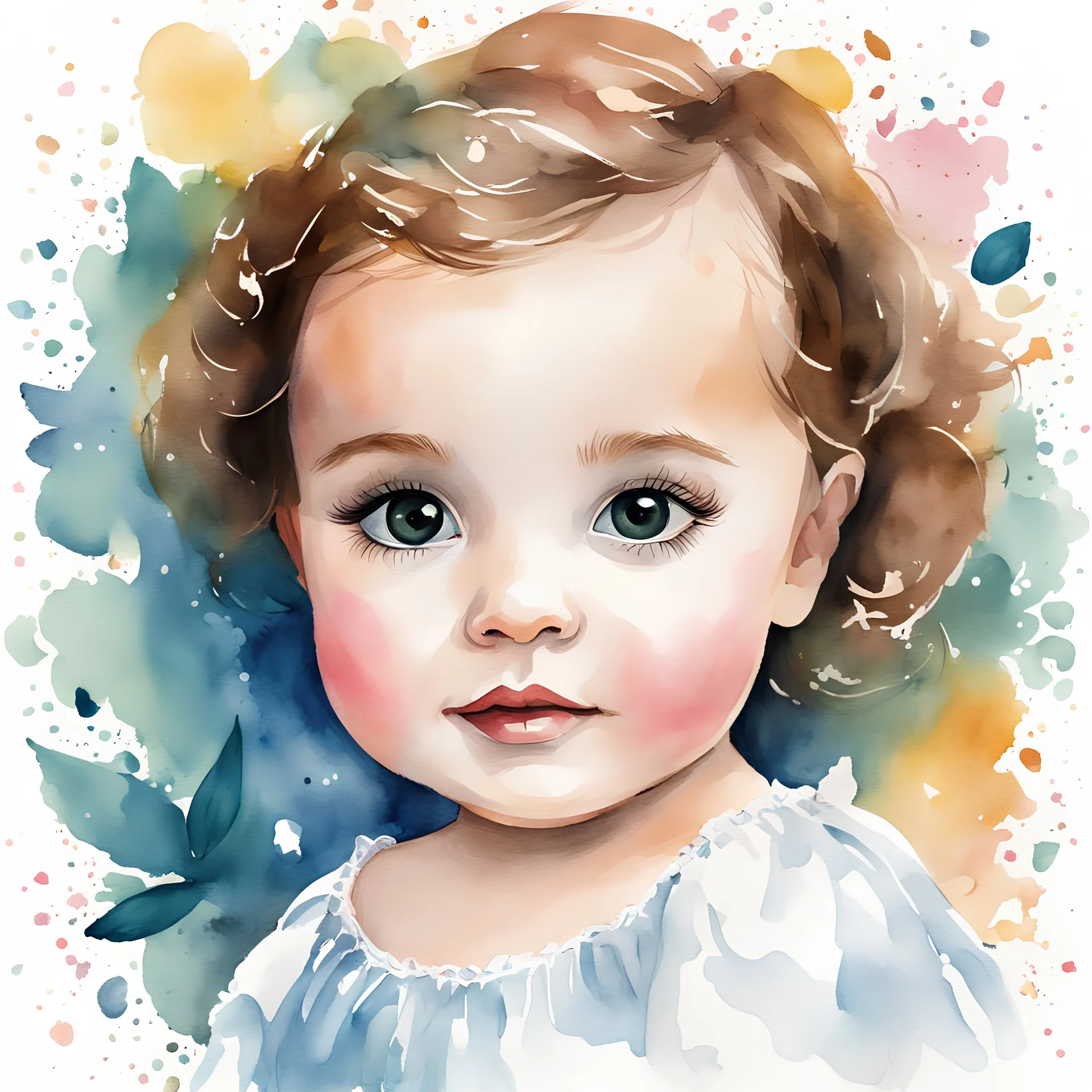 Generate an enchanting and original children's book cover illustration in a cute watercolor style, featuring a whimsical reimagining of the iconic painting 'Portrait of Adele' as a baby girl. Infuse the elegance and timeless beauty of the classic artwork into a playful and adorable depiction suitable for a young audience. Use soft watercolor tones to create captivating atmosphere, highlighting the innocence and sweetness of the baby girl. Incorporate creative details homage to 'Portrait of Adele