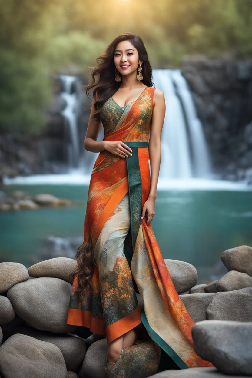 full shot body photo of the most beautiful artwork in the world featuring model, happy mood, High Detail, dramatic, photo realistic, ultra sharp, ultra hd, hyper realistic, ultra realistic, ((((dress)))), trending on artstation, sharp focus, studio photo, intricate details, highly detailed, standing in nice pose in country side with river ,water fall ,rocky valley,mountains at background, pretty clouds