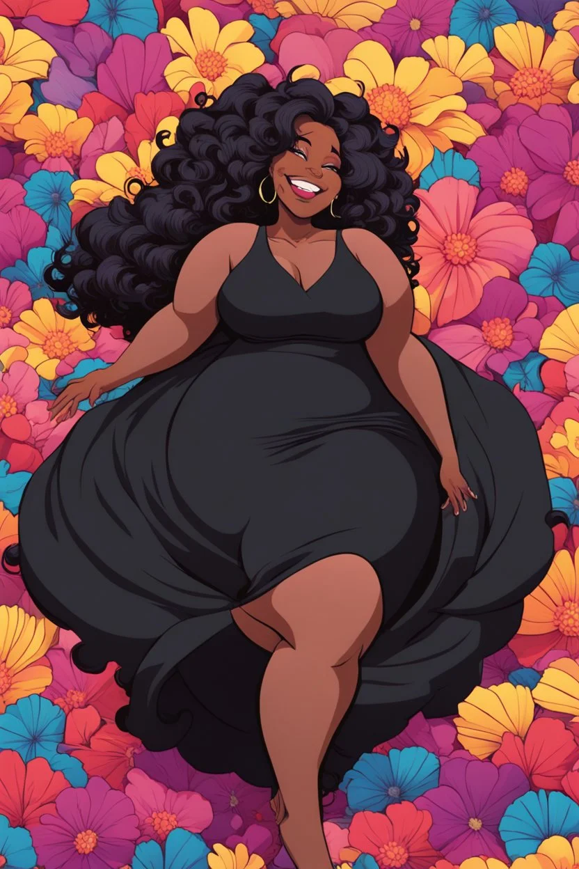 A sassy thick-lined comic style cartoon black female lounging lazily on her side, surrounded by colorful large flower petals. her curvy body silhouette a black maxi dress. Looking up coyly, she grins widely, showing teeth. Her poofy hair forms a mane framing her confident, regal expression.