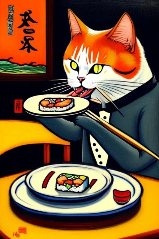 Cat eating sushi. Painting style of Edvard Munch