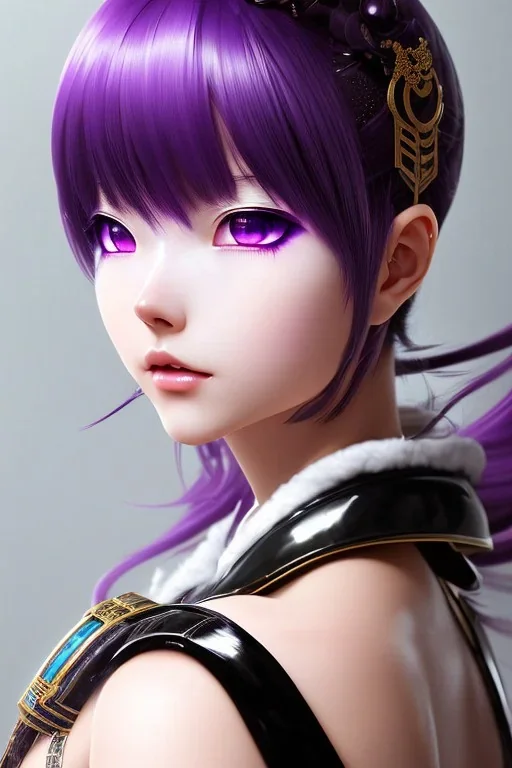 Detailed cute anime Kunoichi girl, purple hair buns, purple bangs, black latex bodysuit, intricate details, full body portrait, keep head in frame, slight smile, black Japanese motif, concept art, highly detailed, digital painting, concept art, sharp focus, illustration, art by Yoji Shinkawa, WLOP and greg rutkowski and alphonse mucha and artgerm and yanjun Chen and Junji ito and Makoto Shinkai, HDR, octane render