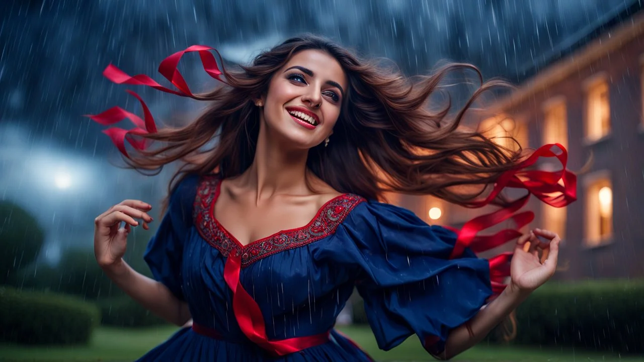 Hyper Realistic Photographic Low-Angle View Of A Beautiful Young Pashto Woman With Beautiful Eyes Lips & Nose (Wearing Beautiful Navy-Blue Frock Decorated With Red-Ribbons On It Her Frock & Her Beautiful Long Hair Whirling In Air) Happily Whirling & Smiling Outside A Fancy Navy-Blue Mansion Heavy Rainfall Night with Thunderstorm Showing Dramatic & Cinematic Ambiance.