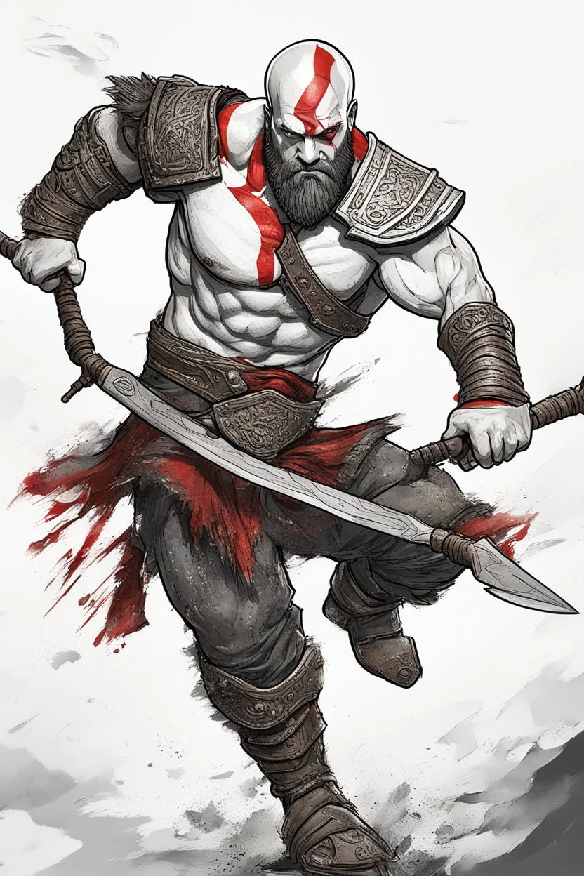 Generate a detailed and dynamic digital illustration of Kratos, the iconic character from the God of War video game series. Ensure that Kratos is portrayed in a powerful and imposing stance, wielding his signature weapon, the Leviathan Axe, with dramatic lighting that emphasizes his strength and determination. Pay attention to capturing the intricate details of his armor, facial expression, and any surrounding elements that enhance the epic and mythical atmosphere of the scene