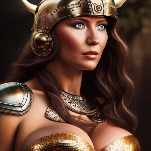 Ultra detailed fullbody Portrait in oil on canvas of beautiful busty female Viking with armor,helmet,extremely detailed digital painting,ultrarealistic skin,intense stare, extremely detailed face, crystal clear eyes, mystical colors ,perfectly centered image, perfect composition, rim light, beautiful lighting,masterpiece ,8k, stunning scene, raytracing, anatomically correct, in the style of Simon Bisley and Ohrai Noriyoshi and robert e howard and Steve Jung and Wizyakuza and uncannyknack.