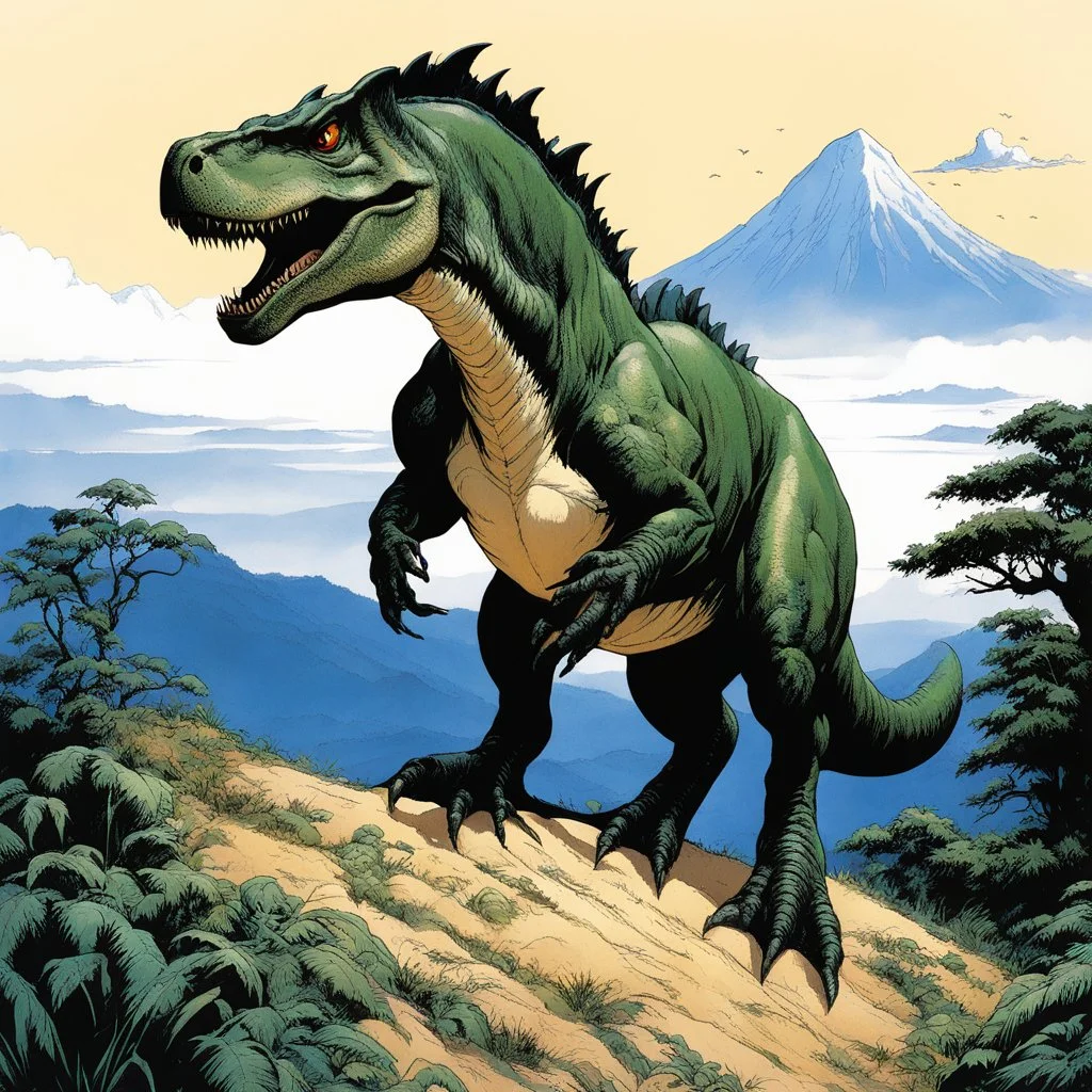 (in the style of Orion, by Masamune Shirow) a t-rex on the top of his hill