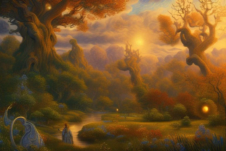 Great landscape, nature at sunset, Paradise Lost, spiritual, surreal, trees, fine art, tan skin, Vincent Van Gogh style, highly detailed, smooth, very sharp focus, illustration, bathing in light, ultra realistic illustration, close-up