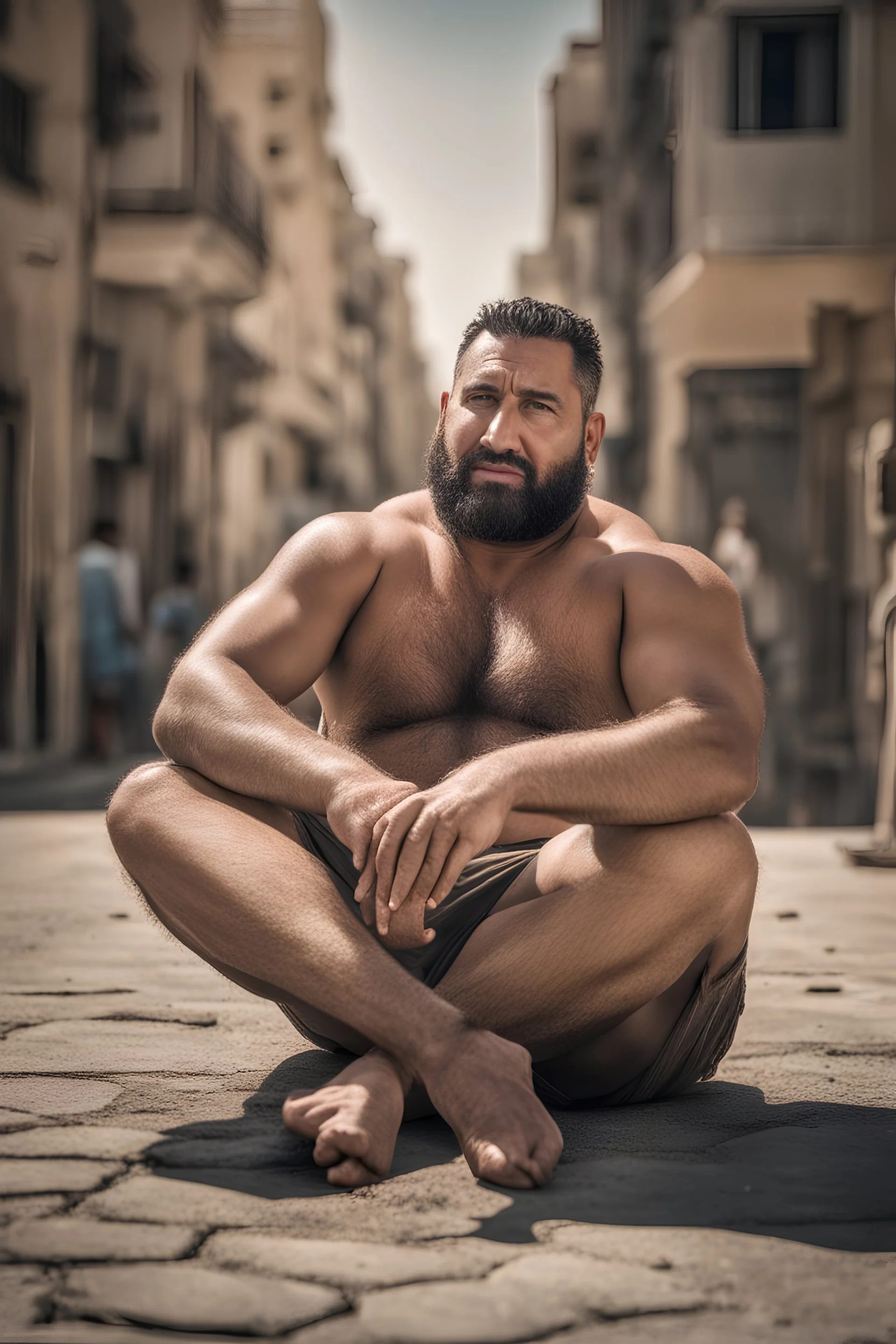 masculine muscular chubby burly mature arab man sunbathing, sitted on an empty street, 35 years old, ripped dirty tank top, bullneck, hands behind the neck, ripped dirty shorts, manly chest, very hairy, short beard, big shoulders, relaxed, photorealistic, well defined facial features, half figure photography, view angle from the ground