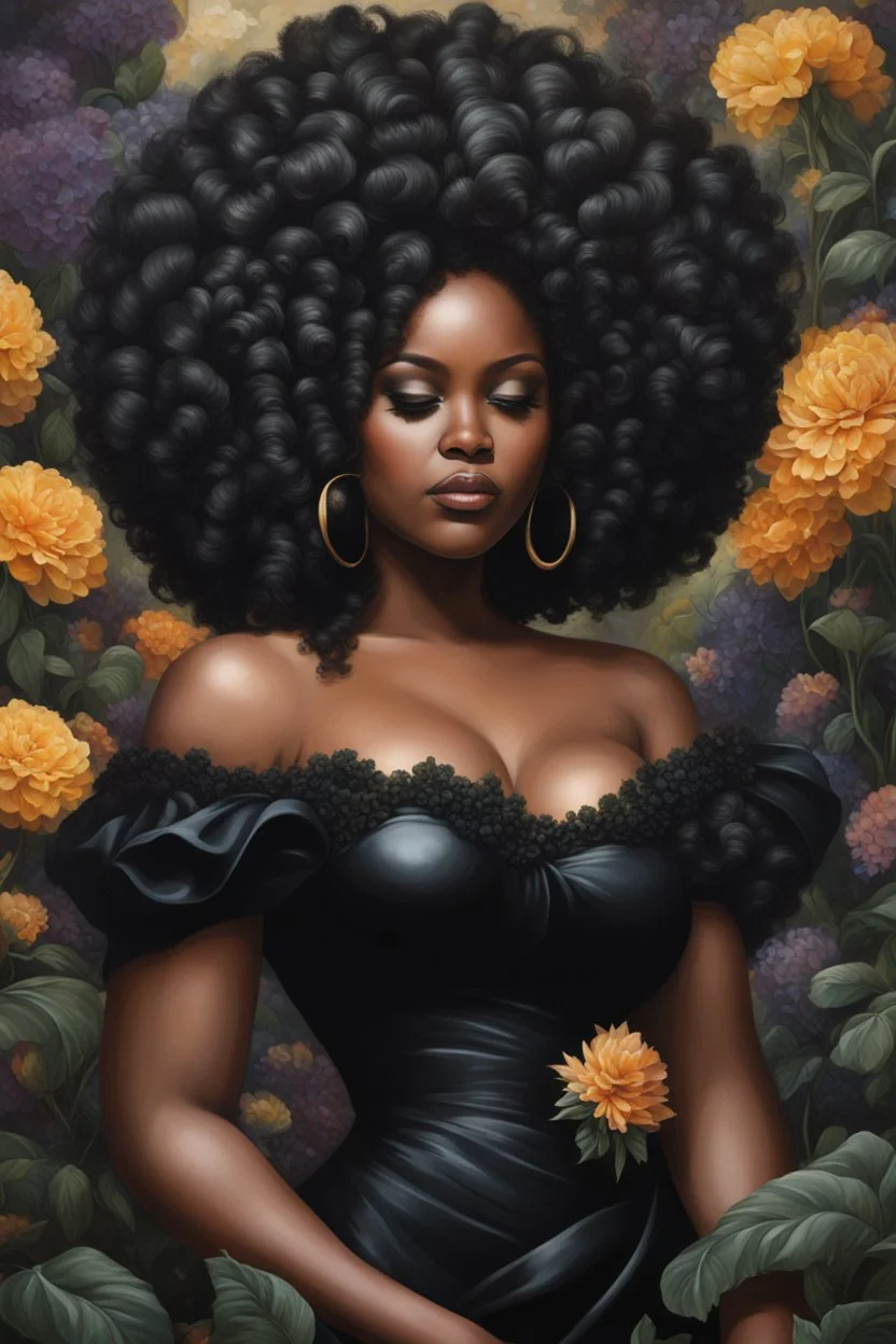 Create an oil painting image of a curvy black female wearing a black off the shoulder blouse and she is looking down with Prominent makeup. Highly detailed tightly curly black afro. Background of large black flowers surrounding her