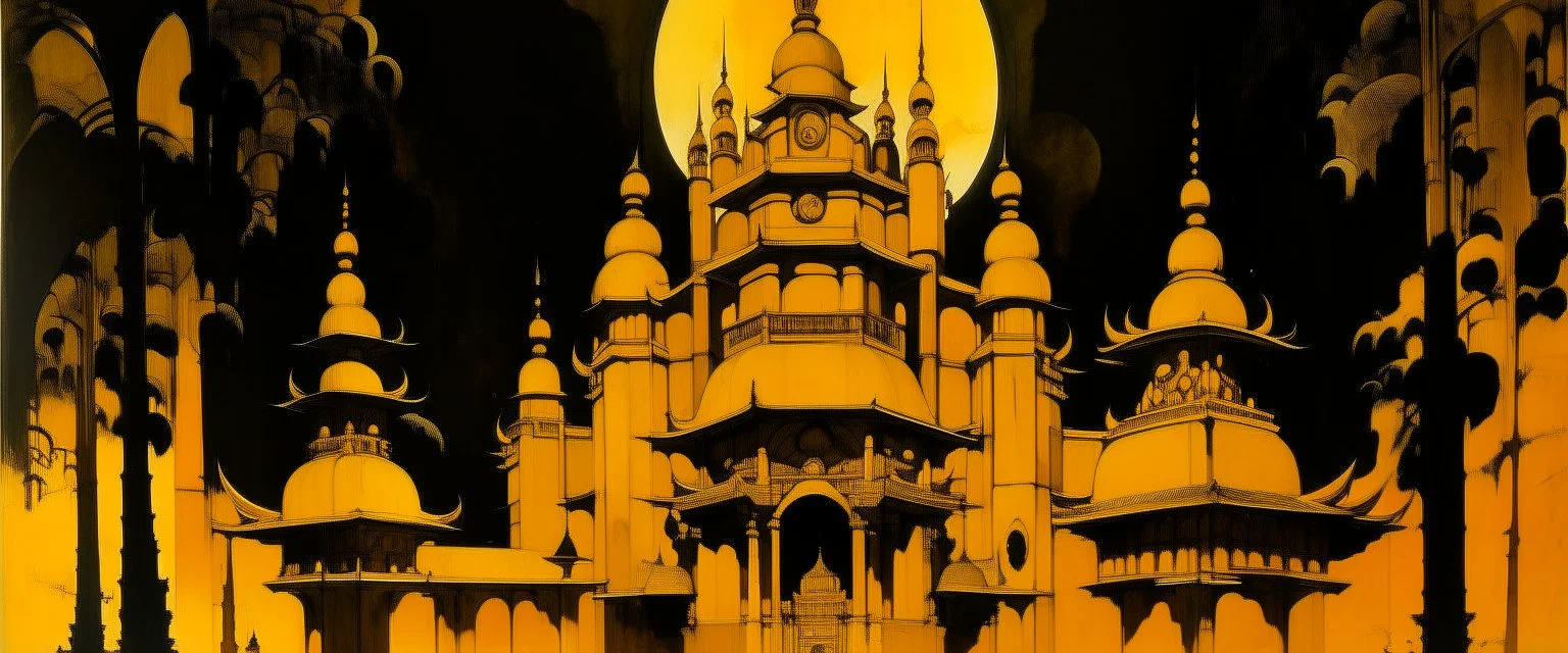 A dark golden yellow temple with psychic clocks designed in Mayan architecture painted by Lyonel Charles Feininger