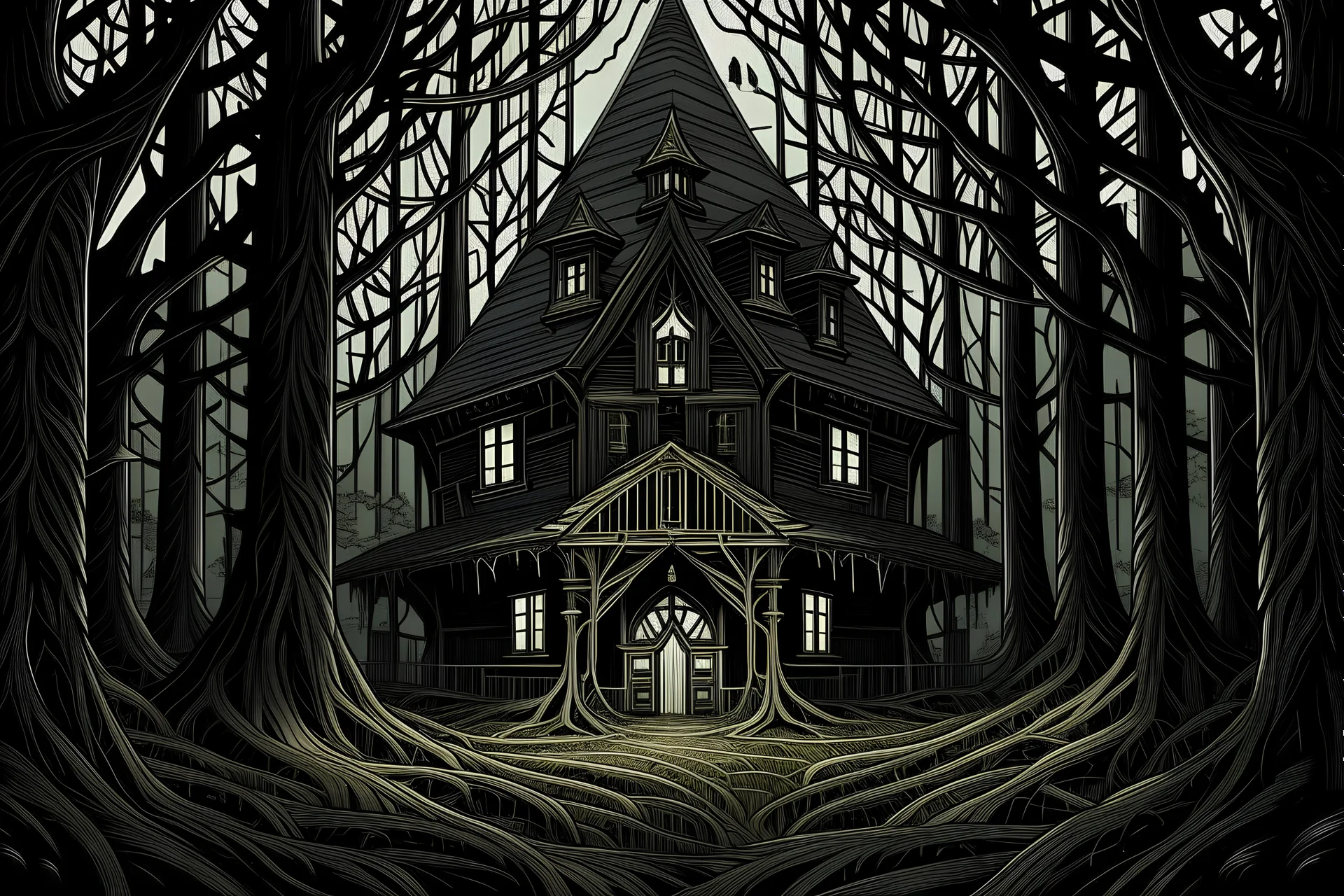 a lighted tall mansion with a triangular roof is surrounded by tall trees in a dark forest. The viewer of the image is facing the front of the house. Grotesque roots are seen throughout the image but are attached to the bottom of the house.